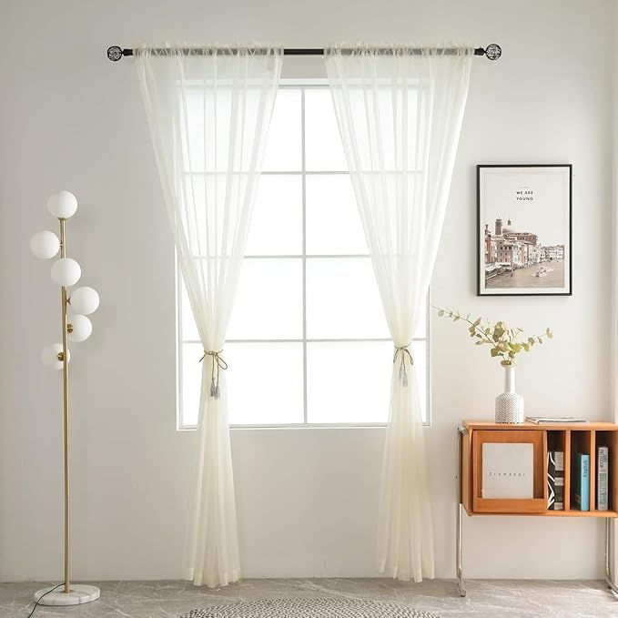 SpaceDresser Ivory Sheer Curtains 4 Panels Rod Pocket Semi-Sheer Curtain 90 Inches Long Light Filtering Voile Window Drapes for Bedroom Living Room Kitchen, Each 52W x 90L