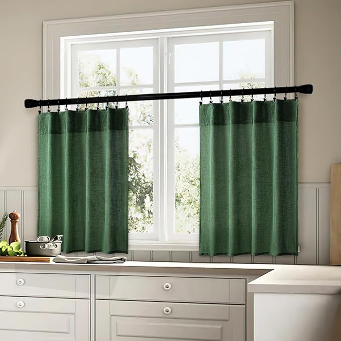 MIULEE Emerald Green Kitchen Curtains 24 Inch Length 2 Panels, Soft Thick Linen Textured Semi Sheer Light Filtering Short Cafe Tier Curtains for Small Half Window Back Tab Rod Pocket Christmas Decor