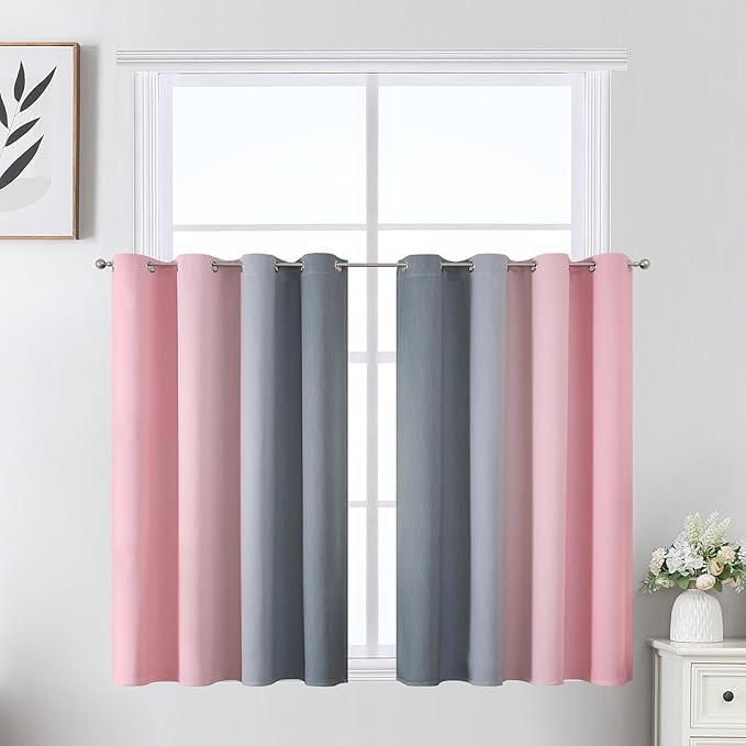 Estelar Textiler Grey and Pink Ombre Short Blackout Curtains 36 Inch Long, Thermal Insulated Grommet Small Half Window Drapes for Cafe/Basement/RV Camper/Kitchen, 52Wx36L, 2 Panels
