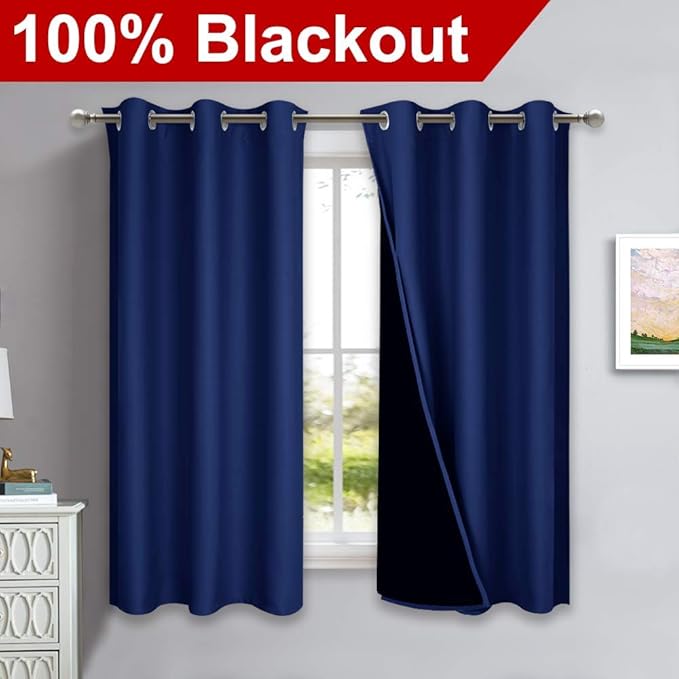 NICETOWN 100% Blackout Curtain Set, Royal Blue, 37W x 50L, 2 PCs, Thermal Insulated & Energy Efficiency Window Draperies for Guest Room, Full Shading Panels for Shift Worker and Light Sleepers