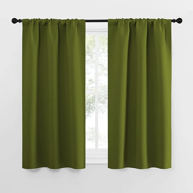 NICETOWN Kitchen Curtains, Short Blackout Curtains & Drapes, Thermal Insulated Rod Pocket Window Treatment Draperies for Nursery (Olive Green, 34 in x 54 in (W x L), Set of 2)
