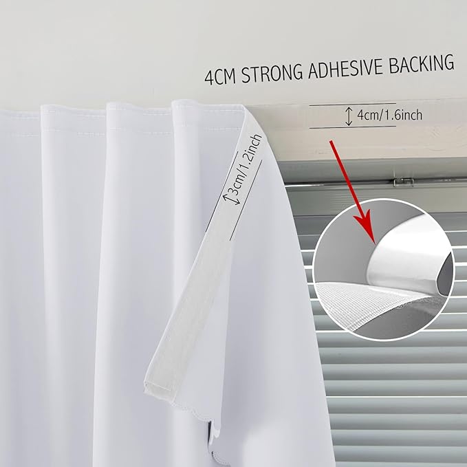 self Adhesive Curtains Portable Blackout Curtain Simple and Easy to Install Bedroom Window Thermal Lnsulated Kitchen Room Darkening Black Small Drapes, 59" W X 59" L, White, 1 Panel