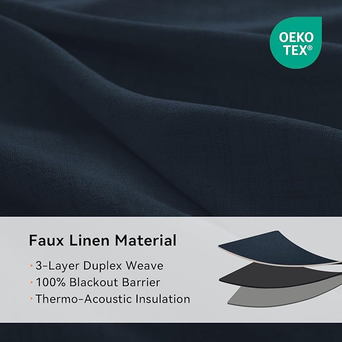 100% Blackout Shield Linen Blackout Curtains for Bedroom, Navy Blue Grommet Curtains for Living Room, Thermal Insulated Room Darkening Drapes for Nursery, Boho Home Decor, 50" W x 72" L, 2 Panels