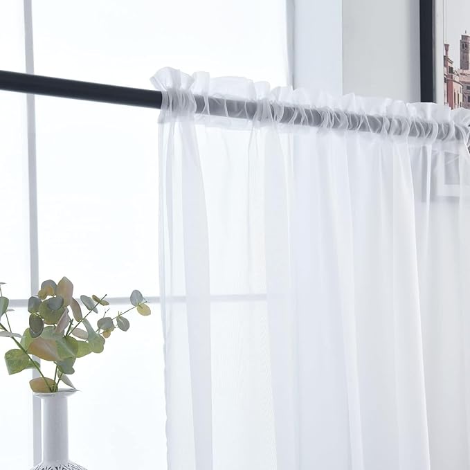 SpaceDresser Sheer White Curtains 4 Panels Rod Pocket Semi-Sheer Curtain 96 Inches Long Light Filtering Voile Window Drapes for Bedroom Living Room Kitchen, Each 52W x 96L