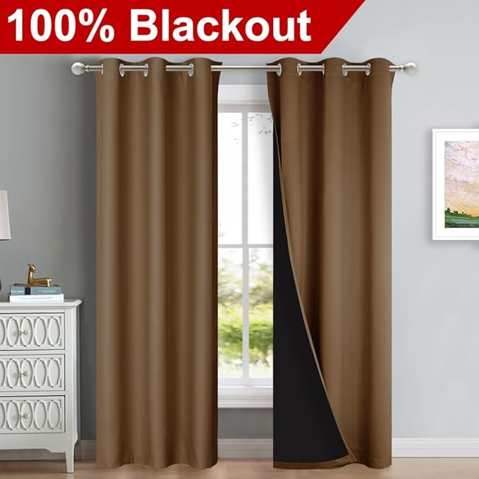 NICETOWN Full Shade Curtain Panels, 37" Wide x 80" Long, Gold Brown, Pair of Thermal Insulated & Energy Efficiency Blackout Drapes for Living Room, Lined Silky Performance Window Dressing