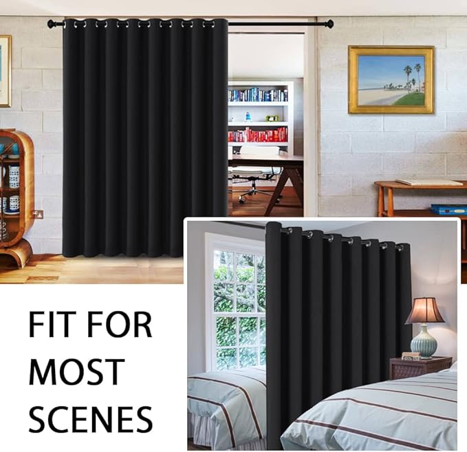 H.VERSAILTEX 100% Blackout Curtains for Sliding Glass Door Room Divider Curtains Noise Reduce Curtain Panel Portable Window Screen Sliding Partition, W120 x L96 inches/8' Tall by 10' Wide, Black