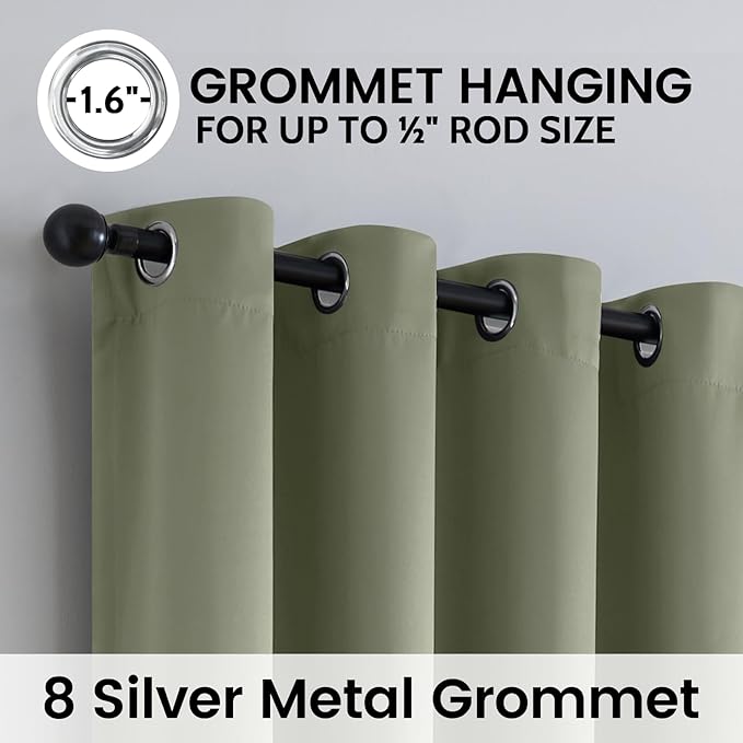 SimpleHome 100% Blackout Curtains for Bedroom,Thermal Insulated Light Sage Grommet Window Drapes Room Darkening Curtains for Living Room with Black Back,52 x 63 Inch,2 Panels