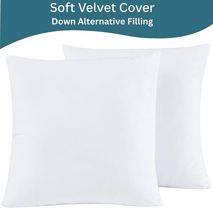 LANE LINEN Synthetic Down Filled Velvet Throw Pillow Inserts Pack of 2 White - 18 x 18 Inches Cushion Inserts for Couch, Bed & Living Room Décor - Indoor Decorative Pillows Made in Canada