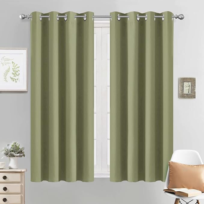 Yakamok 63 Inch Long Blackout Curtains Room Darkening Thermal Insulated with Grommet Window Curtain for Bedroom, 52Wx54L inch, Sage Green, 2 Panels