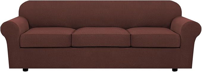 H.VERSAILTEX 4 Piece Stretch Sofa Covers for 3 Cushion Couch Covers for Living Room Furniture Slipcovers (Base Cover Plus 3 Seat Cushion Covers) Thicker Jacquard Fabric (Large Sofa, Burnt Brick)
