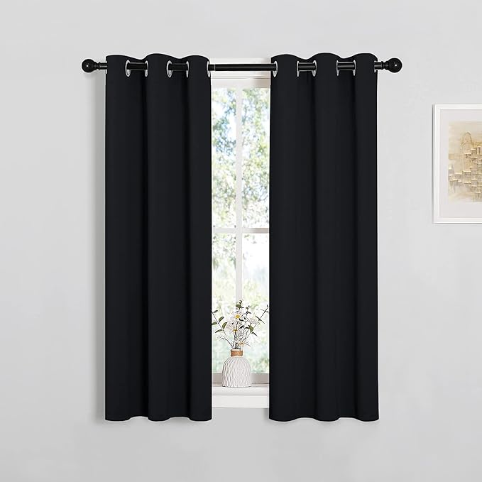 NICETOWN Living Room Blackout Curtains and Drapes, Black Solid Thermal Insulated Grommet Blackout Drapery Panels for Window (2 Panels, 29 inches Wide by 45 inches Long, Black)