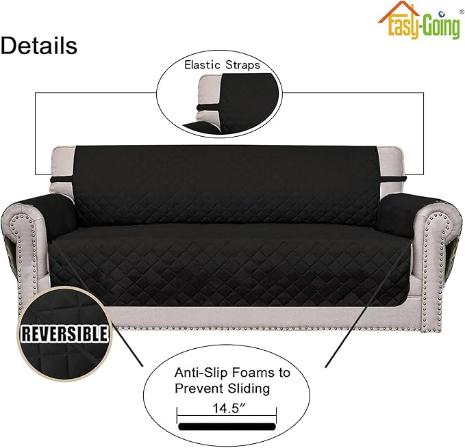 Easy-Going Reversible Couch Cover for 3 Cushion Couch Sofa Cover for Dogs Water Resistant Furniture Protector Cover with Foam Sticks Elastic Straps for Pet Cat (Sofa, Black/Black)