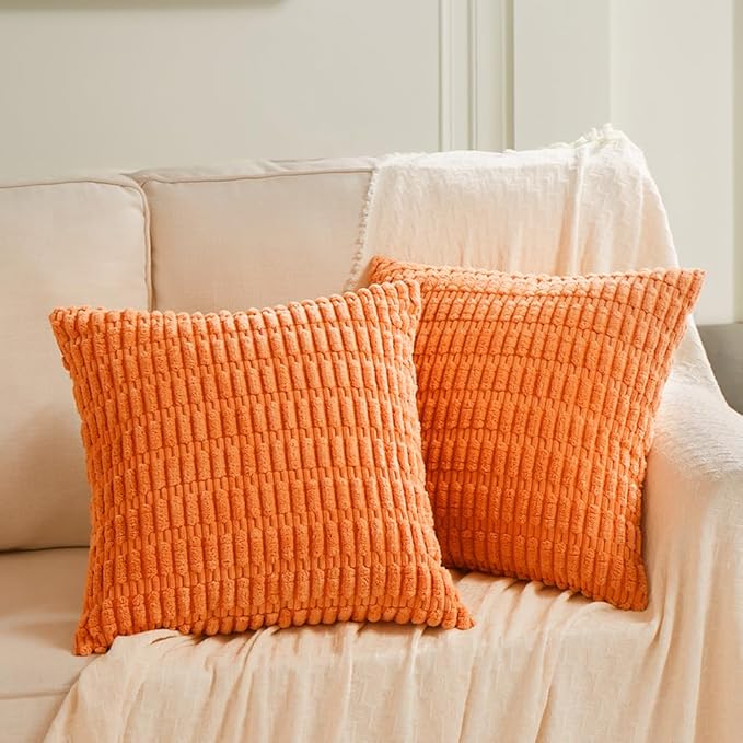 Fancy Homi 4 Packs Orange Fall Decorative Throw Pillow Covers 16x16 Inch for Couch Living Room Bed Sofa, Halloween Pumpkin Autumn Home Decor, Soft Cute Plush Corduroy Striped Cushion Case 40x40 CM