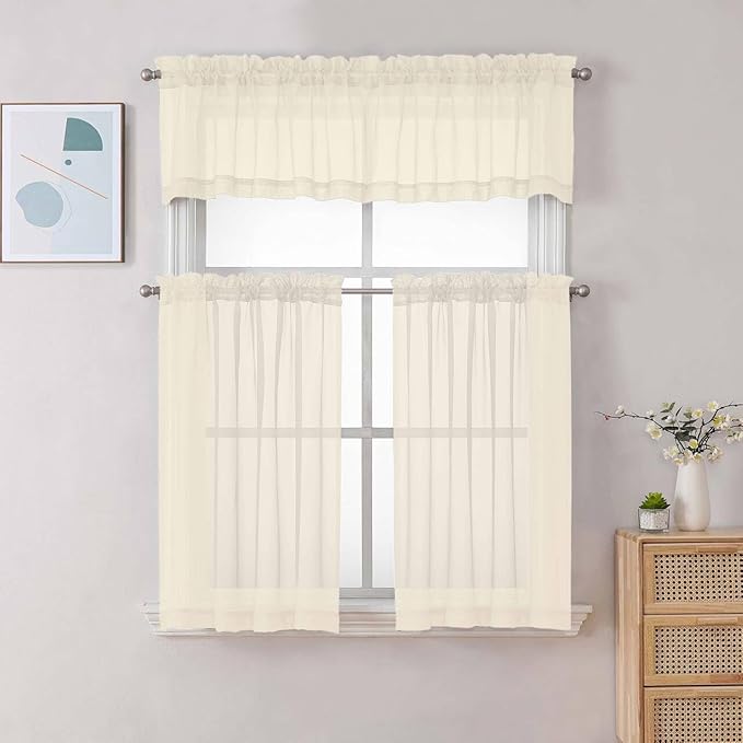 Chyhomenyc Sheer Cream Valances for Windows 2 Pack, Small Window Curtains for Living Room Bathroom Cafe Laundry Basement, Modern Top Dual Rod Pocket Voile Curtain, 42W x 18L inches, Cream