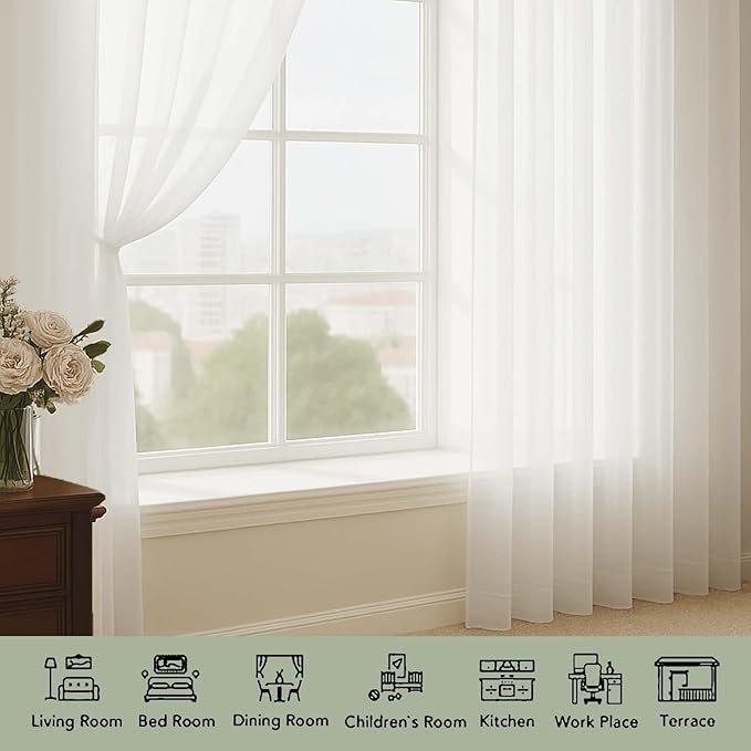 OWENIE Extra Long Ivory Sheer Curtains 144 inch 2 Panels Set, Translucent Backdrop Window Scarf Drapes for Canopy Bed/Wedding/Living Room/Anniversary, 12FT Length, Each 59Wx144L in, 2PCS, Ivory