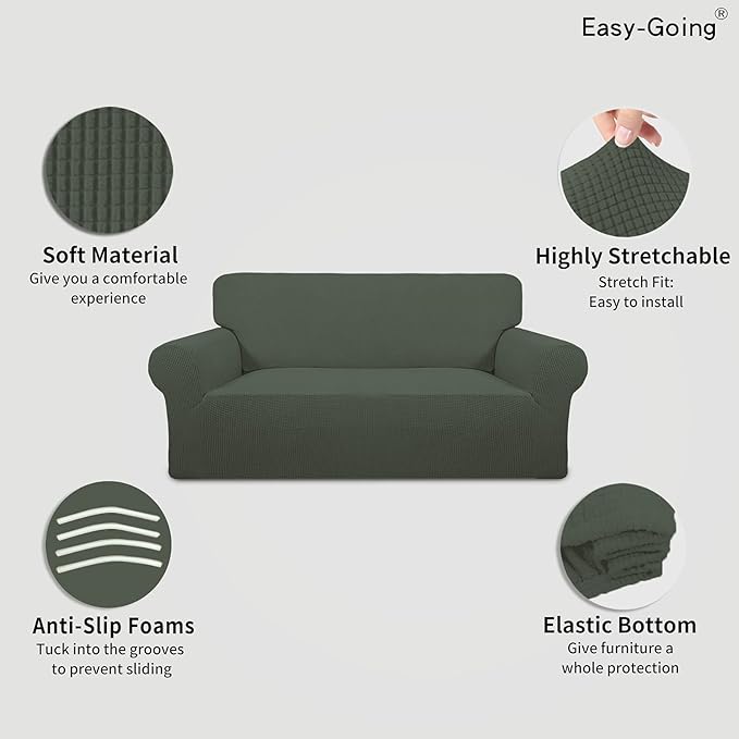 Easy-Going Stretch Oversized Loveseat Slipcover 1-Piece Sofa Cover Furniture Protector Couch Soft with Elastic Bottom for Kids Polyester Spandex Jacquard Fabric Small Checks Olive Green