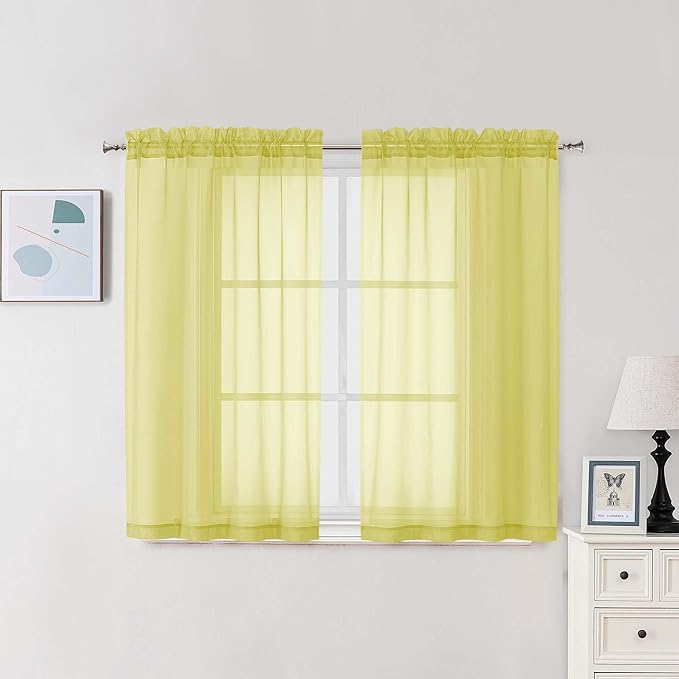 Chyhomenyc Sheer Curtains 54 Inch Long 2 Panels Set, Light Filtering Short Soft Airy Short Cafe Curtains, Modern Rod Pocket for Dinning Living Room Bedroom, Each 42Wx54L in, 2PCS, Lemon