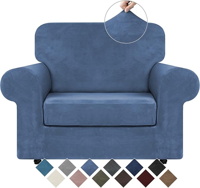 WEERRW Velvet Stretch Chair Sofa Slipcover - 2 Pieces Luxury Soft Velvet Plush Couch Cover Furniture Protector with Elastic Bottom for Pets, Machine Washable, Light Blue, Small