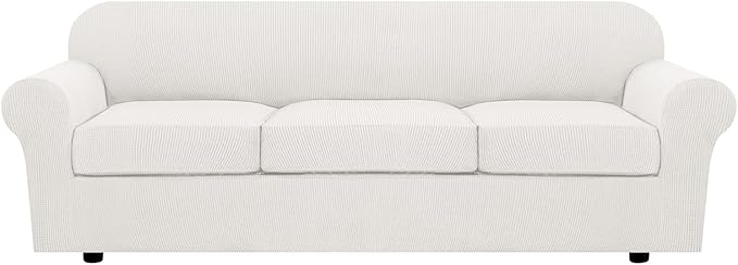 H.VERSAILTEX 4 Piece Stretch Sofa Covers for 3 Cushion Couch Furniture Slipcovers for Living Room (1 Base Cover Plus 3 Seat Cushion Covers) Jacquard Fabric Cover (XL Sofa, Porcelain White)