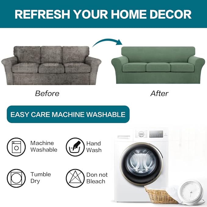 Turquoize 4 Piece Sofa Covers for 3 Cushion Couch Sofa Slipcover Soft Couch Cover for Dogs-Washable Sofa Furniture Covers with 3 Individual Cushion Covers Jacquard Fabric (3 Cushion Sofa, Loden Frost)