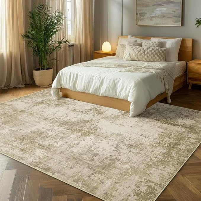 LEPEII 9x12 Area Rug, Modern Abstract Washable Large Rugs for Living Room, Dining Room, Non-Slip Non Shedding Low Pile Home Decor Durable Bedroom Rug-Beige