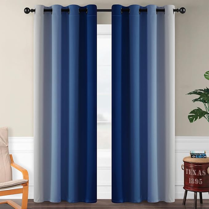SimpleHome Ombre Room Darkening Curtains for Bedroom, Gradient Royal Blue to Grey White Light Blocking Thermal Insulated Grommet Window Curtain/Drapes for Living Room,2 Panels, 52x84 inches Length
