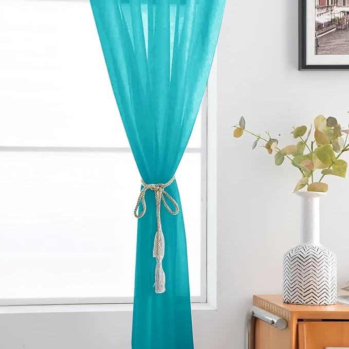 SpaceDresser Sheer Voile Window Treatment Rod Pocket Curtain Panels for Kitchen Bedroom Living Room Drapes Sunlight Filtering Privacy Semi Home Decor Assorted (Peacock Blue, 52 W x 63 L)