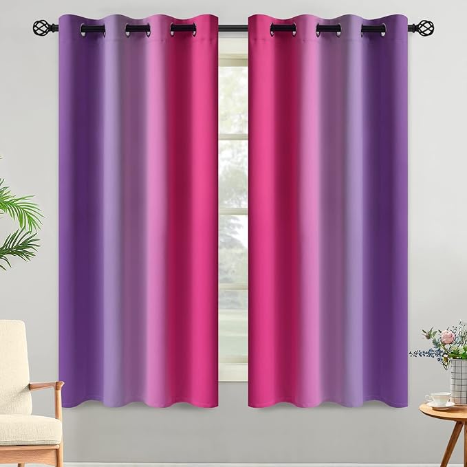 Yakamok Ombre Purple and Pink Curtains for Bedroom, Gradient Room Darkening Curtains 63 inches long,Grommet Thermal Insulated Light Blocking Window Drapes/Curtain for Living Room,52 x 63 Inch,2 Panels