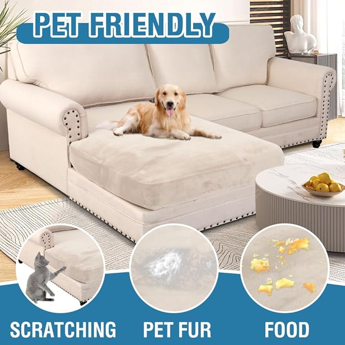 H.VERSAILTEX Velvet Stretch Individual Chaise Cover Sectional Couch Covers for L Shaped Sofa Both Left/Right Furniture Protector Seat Cushion Sofa Cover (1 Piece Chaise Cover, Ivory)