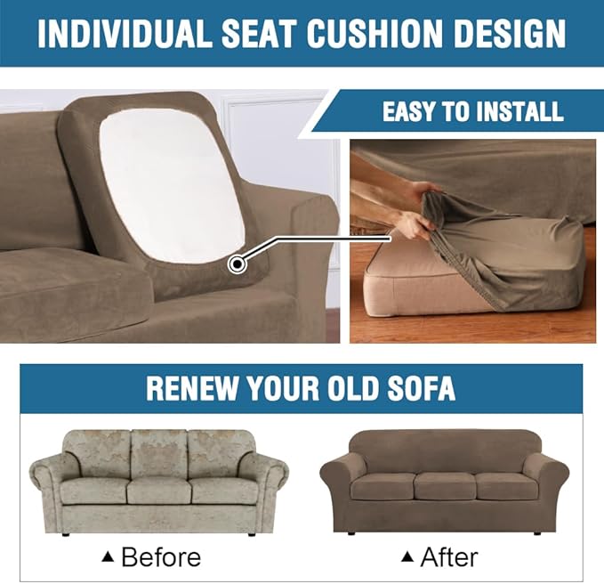 H.VERSAILTEX High Stretch Sofa Slipcover 4 Piece Cover Velvet Furniture Protector Form Fit Thick Velvet Extra Large Sofa Cover for 3 Cushion Couch Width Up to 97 Inch (Large Sofa, Mocha)