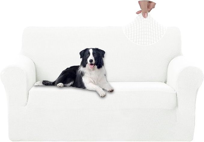 U-NICE HOME Oversized Stretch Loveseat Couch Cover Sofa Covers Washable Sofa Slipcover Furniture Protector for 2 Cushion Couch Sofa Pet Friendly, Ivory White