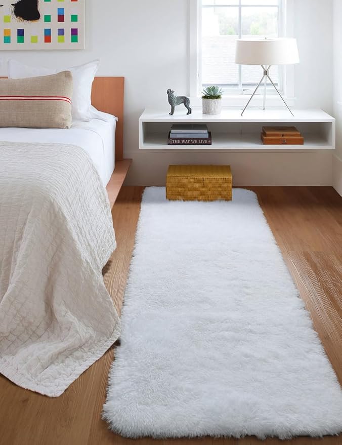 ONASAR White Runner Rugs for Bedroom Living Room, Luxury Bedside Fluffy Area Rug 2x6 Feet, Ultra Soft Plush Faux Fur Floor Throw Carpet for Hallway Nursery Kids Dorm Home Decor Aesthetic