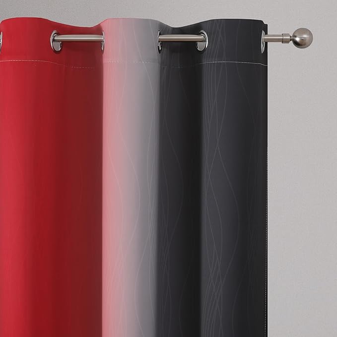 Estelar Textiler Ombre Red and Black Curtains 45 Inch Length 2 Panels, 100% Blackout Curtains for Living Room, Grommet Thermal Insulated Drapes, Full Light Blocking Curtains for Bedroom, 42x45 Inch