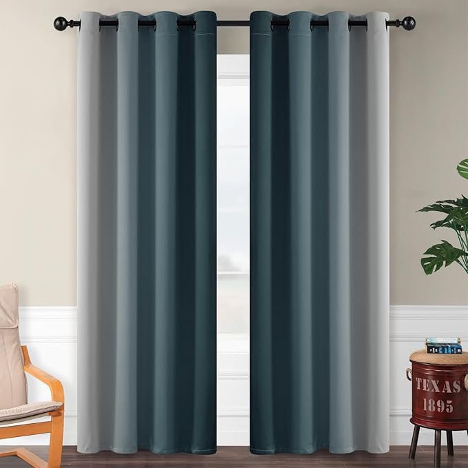 SimpleHome Ombre Room Darkening Curtains for Bedroom, Gradient Stone Blue to Grey White Light Blocking Thermal Insulated Grommet Window Curtain/Drapes for Living Room,2 Panels, 52x84 inches Length