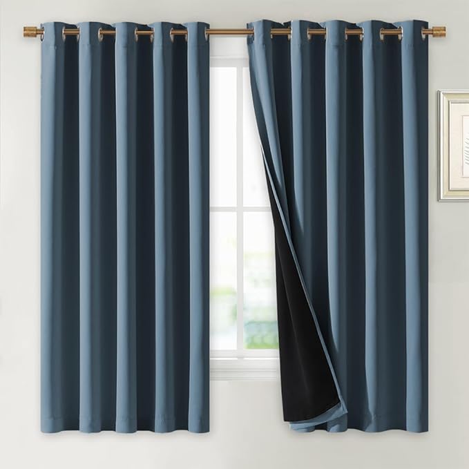 NICETOWN 100% Blackout Lined Curtains, Smoky Blue, 1 Pair, 62" Width x 63" Length Each Panel, 2 Thick Layers Completely Blackout Window Treatment Thermal Insulated Drapes for Kitchen/Bedroom
