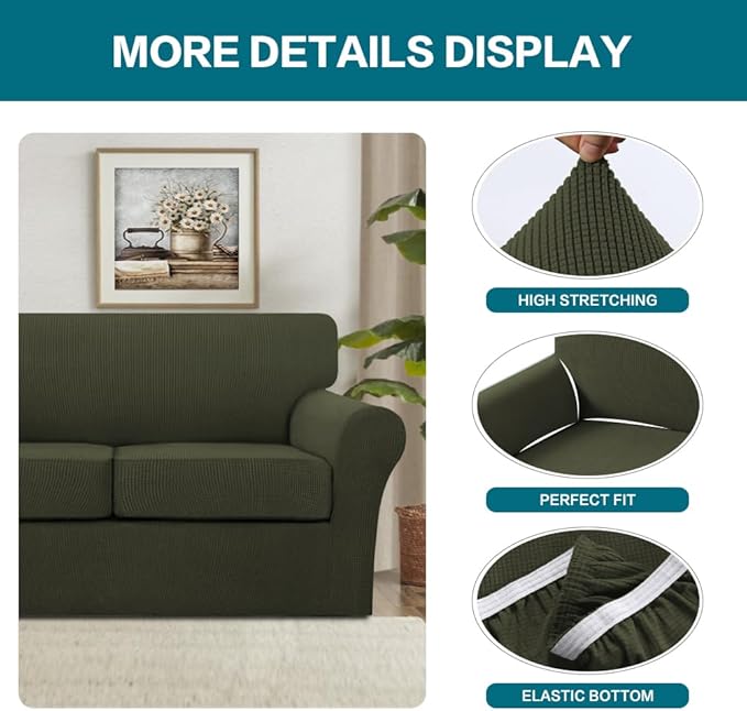 Turquoize 4 Piece Sofa Covers for 3 Cushion Couch Sofa Slipcover Soft Couch Cover for Dogs Washable Furniture Cover with 3 Individual Large Cushion Covers Feature Fabric (Large Sofa, Olive)