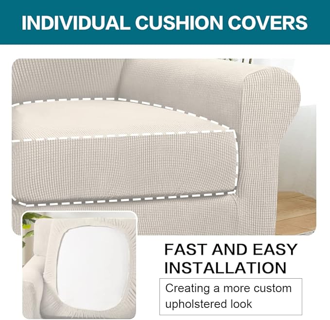 Turquoize 2 Piece Chair Covers for Living Room Armchair Couch Cover with Individual Cushion Covers Furniture Cover for Chairs Feature Jacquard Fabric (Chair, Ivory)