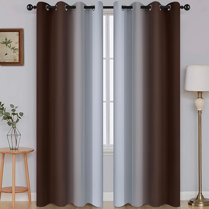 SimpleHome Ombre Room Darkening Curtains for Living Room, Light Blocking Gradient Brown to Greyish White Thermal Insulated Grommet Window Curtains/Drapes for Bedroom, 2 Panels, 52x84 inches Length