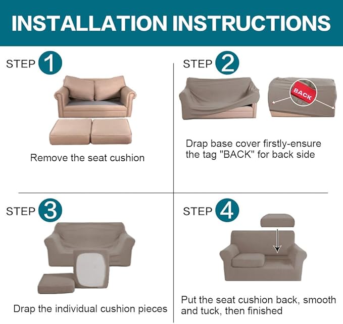 Turquoize 3 Piece Sofa Covers for 2 Cushion Couch Sofa Slipcover Soft Couch Cover for Dogs-Washable Sofa Furniture Covers with 2 Individual Cushion Covers, Thick Jacquard Fabric (Loveseat, Taupe)
