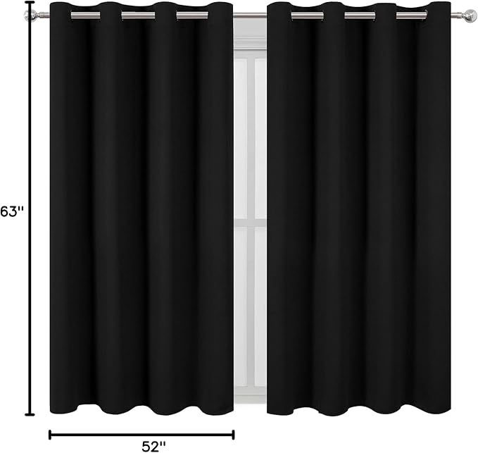 LEMOMO Black Blackout Curtains 52 x 63 Inch Length/Set of 2 Curtain Panels/Thermal Insulated Room Darkening Curtains for Bedroom and Living Room