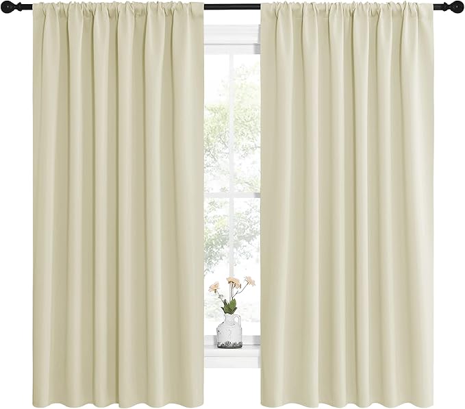 NICETOWN Blackout Curtains for Bedroom, Home Decorations Thermal Insulated Solid Rod Pocket Blackout Drapes for Cafe (Beige, One Pair, 62 x 63-inch)
