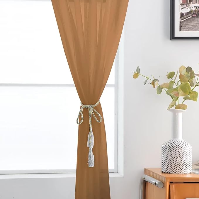 SpaceDresser Basic Rod Pocket Sheer Voile Window Curtain Panels Light Brown 1 Pair 2 Panels 52 Width 54 Inch Long for Kitchen Bedroom Children Living Room Yard（Light Brown, 52W x 54L）