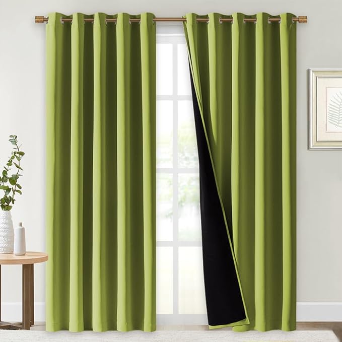 NICETOWN 100% Blackout Window Curtain Panels, Fresh Green, 2 Pieces, 70" Wide Each Panel, Cold and Full Light Blocking Drapes with Black Liner for Nursery, 84" Drop Thermal Insulated Draperies