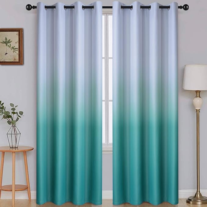 SimpleHome Ombre Room Darkening Curtains for Bedroom, Light Blocking Gradient Grey White to Teal Thermal Insulated Grommet Window Curtains/Drapes for Living Room,2 Panels, 52x84 inches Length