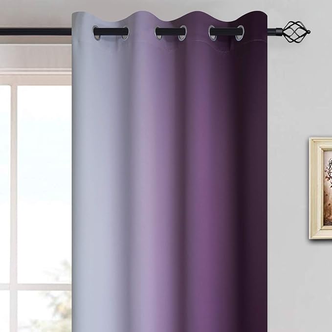 Yakamok Room Darkening Greyish White and Purple Ombre Curtains for Bedroom, Thickening Polyester Thermal Insulated Grommet Gradient Color Drapes for Living Room (52W x 72L / 2 Panels)