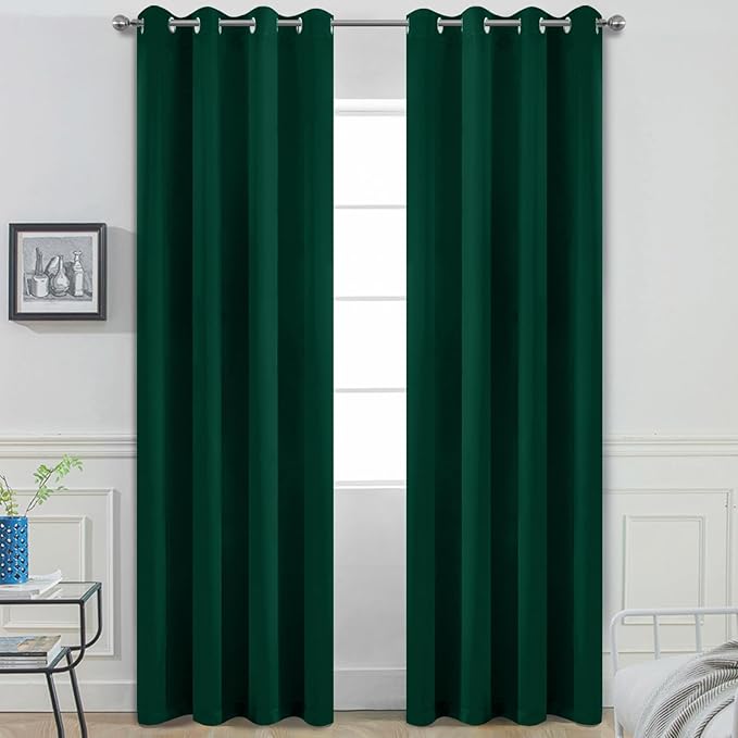 Yakamok Blackout Curtains Room Darkening Thermal Insulated Window Panels,Solid Grommet Top Drapes for Bedroom/Living Room(52Wx90L, Dark Green, 2 Panels)