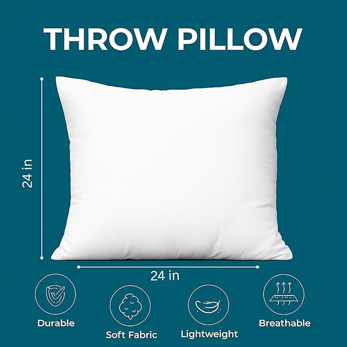 LANE LINEN 24x24 Pillow Inserts - Set of 2 Lightweight Down Alternative Square Pillows, White Throw Pillows for Bed, Decorative Pillows for Couch Bed, Firm Pillows for Living Room
