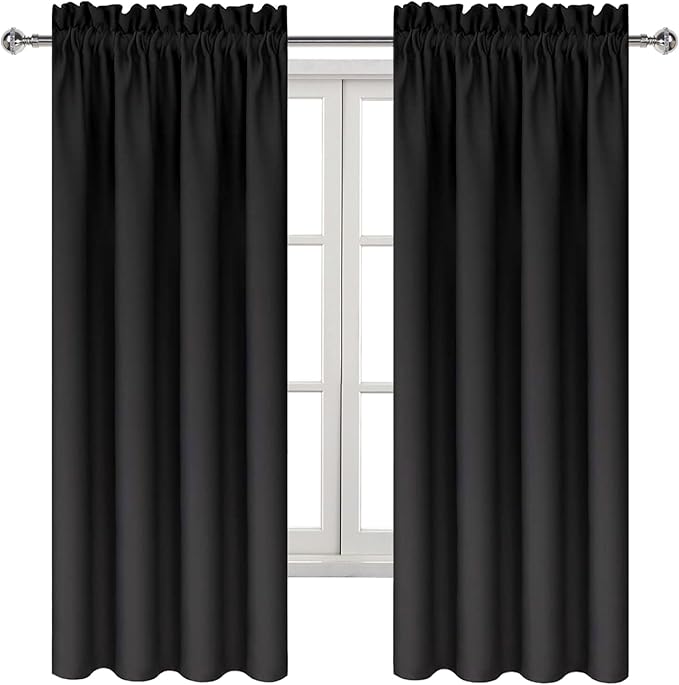 DWCN Blackout Curtains – Thermal Insulated, Energy Saving & Noise Reducing Bedroom and Living Room Curtains, Black, W 42x L 63 Inch, Set of 2 Rod Pocket Curtain Panels