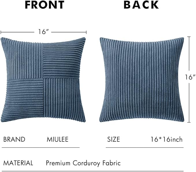 MIULEE Blue Decorative Throw Pillow Covers 16x16 Inch for Couch Bed Sofa Pack of 2 Boho Farmhouse Throw Pillows Soft Cross Corduroy Patchwork Textured Cushion Cases