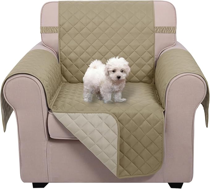 U-NICE HOME Reversible Oversized Chair Covers Quilted Water Repellent Pet Protectors with Elastic Straps(28''Armchair, Light Camel/Beige)